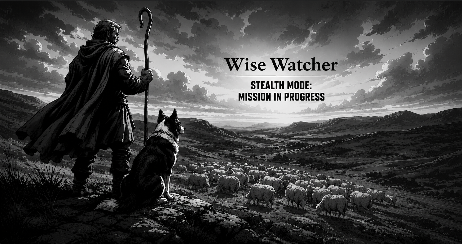 Wise Watcher: a shepherd and border collie watch over a flock of sheep. Stealth Mode: Mission in Progress.